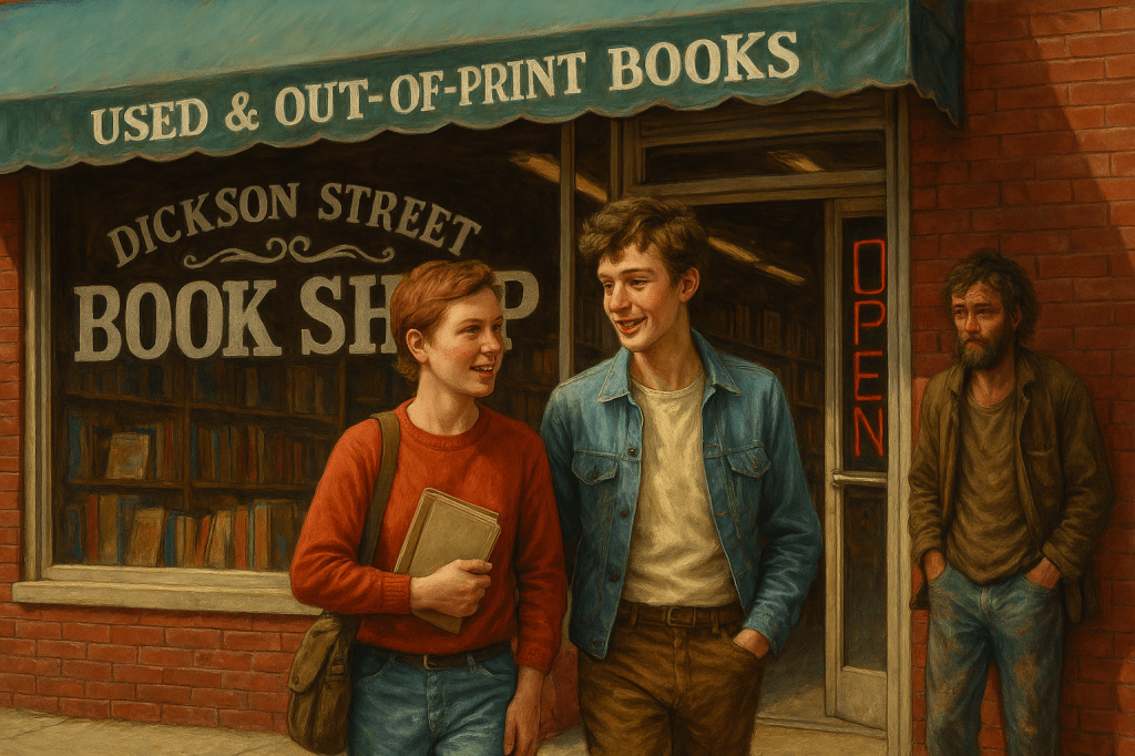 Kelsey Lou and James walking out of the Dickson Street Bookshop, where an unhoused man stands in the corner behind them leaning against the wall